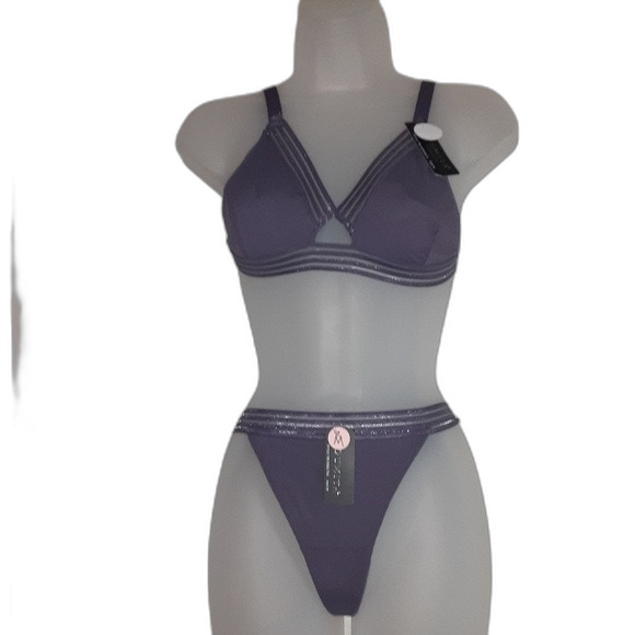 Youmita Medium Gray Ridge Semi-Sheer Bralette & Mesh Lace G String - Picture 3 of 13